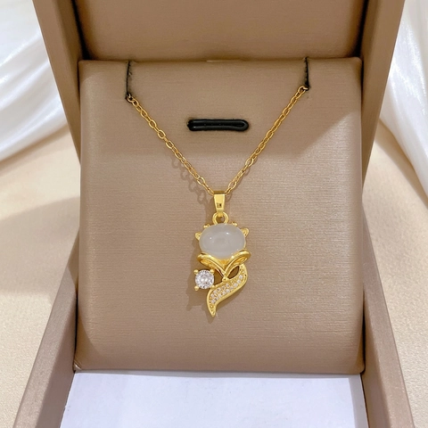 Elegante Collana Con Pendente A Volpe Con Pietra Occhio Di Gatto E Zirconia Catena In Acciaio Inossidabile Per Donna