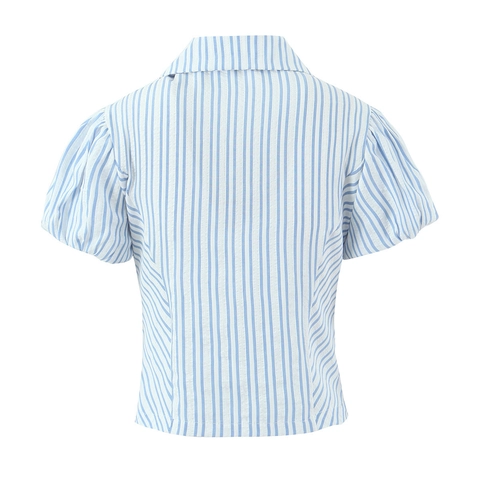 Camicia Donna A Righe Maniche A Sbuffo Seersucker Colletto Revers Bottoni Casual Blusa Aderente