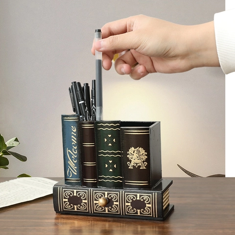 Porte-Stylo En Forme De Livre Vintage Organisateur De Bureau Avec Tiroir Rétro Résine Décor De Bureau Étude