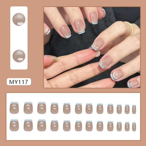 Franse Cat Eye Press On Nagels Lichtblauw Glinsterende ABS Plastic Korte Vierkante Kunstnagels Voor Dames Inclusief Lijm