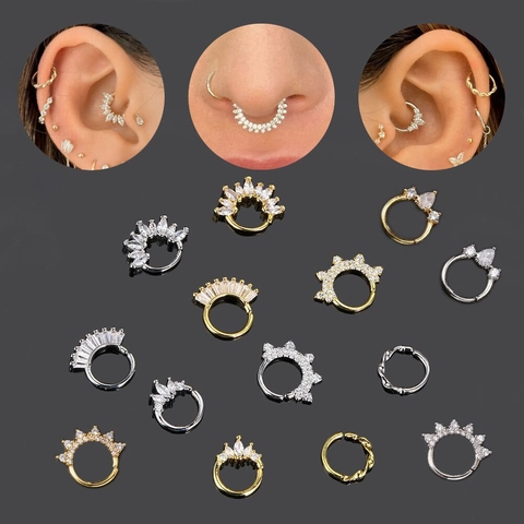 Cubic Zirconia Septum Clicker Nose Ring Copper Gold Plated Cartilage Earring Hoop Piercing Jewelry For Women Crown Shape