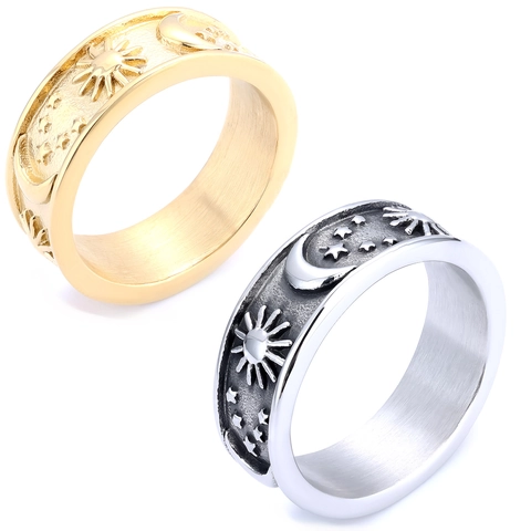 Sonnen Mond Sterne Edelstahl Ring Relief Vintage Band Schmuck Für Damen Herren INS Stil