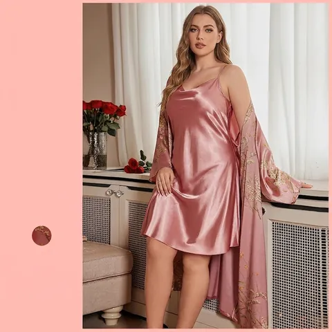 Pijama De Talla Grande Para Mujer Imitación Satén Satén Bata Y Camisón Estampado Floral Cuello En V Ropa De Dormir Elegante
