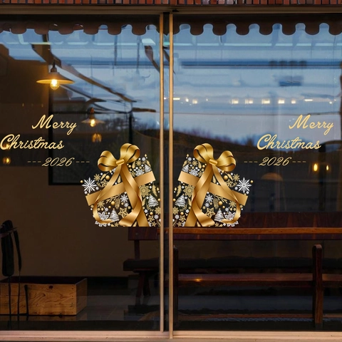 Christmas 2026 Gold Gift Box And Snowflake Window Stickers Static Cling PVC Glass Decals For Holiday Shop Decor