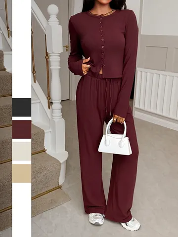 Women Loungewear Long Sleeve Button Top And Wide Leg Drawstring Pants Casual Vacation Viscose Ribbed Knit Autumn