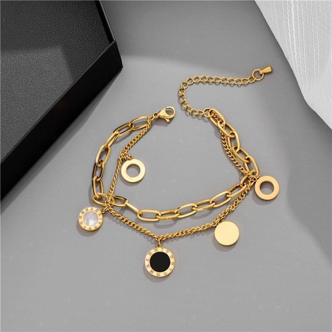 Titanium Steel Double Layer Roman Numeral Bracelet For Women Fashion Jewelry Artificial Pearl Shell Onyx Texture Pendant