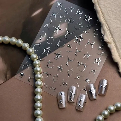 Nail Art Stickers Silver Metallic Chrome Y2K Cyberpunk Tribal Stars Lines Self Adhesive Decals For DIY Manicure Decoration