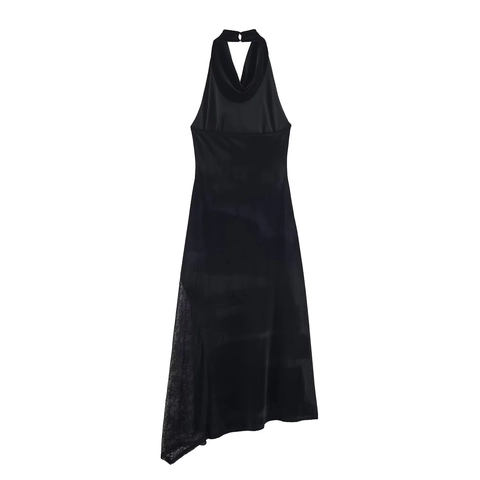 Samt Spitze Midi Kleid Halterneck Tief V Ärmellos Abend Party Sozial Elegant Für Damen