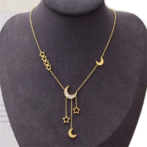 Titaniumstaal Ster Maan Hanger Halsketting Vrouwen Elegant Goud Ster Kwastje Choker Met Kunstparel Mode Sieraden