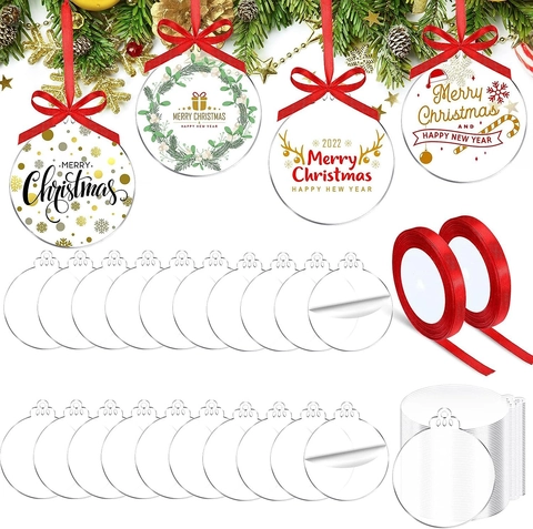Clear Acrylic Round Christmas Hanging Ornaments DIY Blank Holiday Tree Decorations With Red Ribbons Transparent