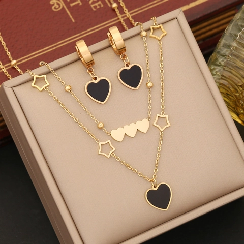 Stainless Steel Layered Necklace Earrings Bracelet Heart Star Pendant Black Enamel Elegant Jewelry For Women