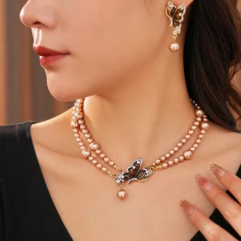 Vintage Butterfly Necklace And Earrings Double Layer Imitation Artificial Pearl Enamel Rhinestone Alloy Silver Earring Post Women