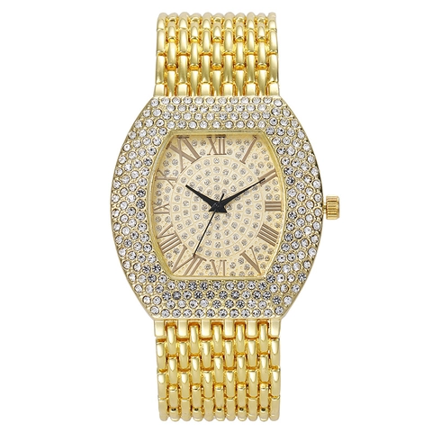 Women's Quartz Watch Full Rhinestone Iced Out Roman Numerals Fashion Luxury Metal Link Strap Jewelry Clasp Round Large Dial
