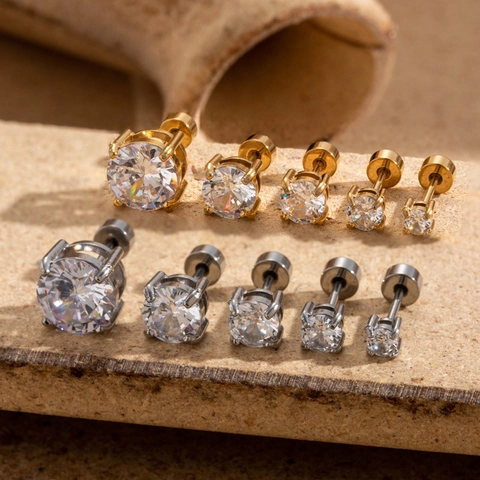 Clou D'oreille En Zircone Cubique Acier Inoxydable Rond Fermoir À Vis Bijoux De Piercing Pour Femmes Hommes Minimaliste