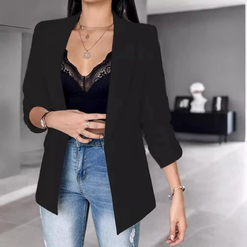 Blazer De Mujer De Manga Larga Chaqueta Cuello Solapa Color Sólido Ajustado Elegante Oficina Poliéster