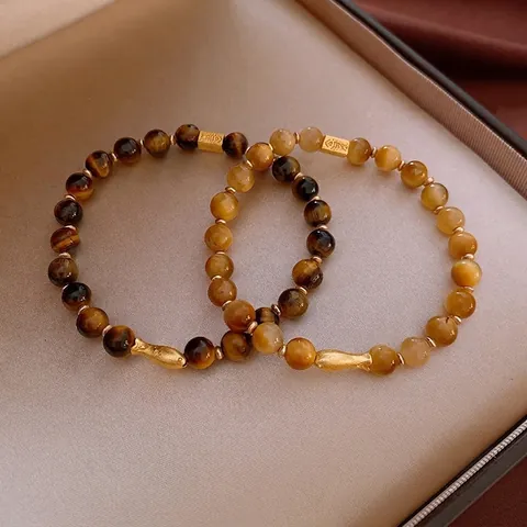 Artificial Tiger Eye Stone Beaded Bracelet With Copper Matte Gold Fish Charm Vintage Chinese Style Lucky For Women