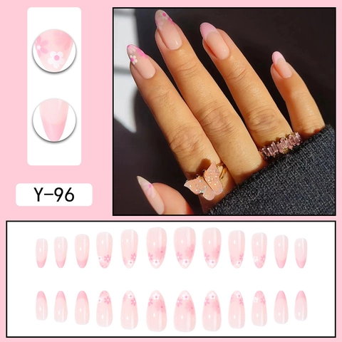 Press On Nails Französischer Stil Pinker Verlauf Kleines Blumenmuster Mandelform Glänzende Künstliche Nägel Für Frauen