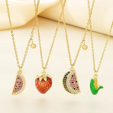 Collier Pendentif Fruit En Acier Inoxydable Émail Fraise Maïs Zircon Cubique Pastèque Style Été Chaîne Clavicule Pour Femmes