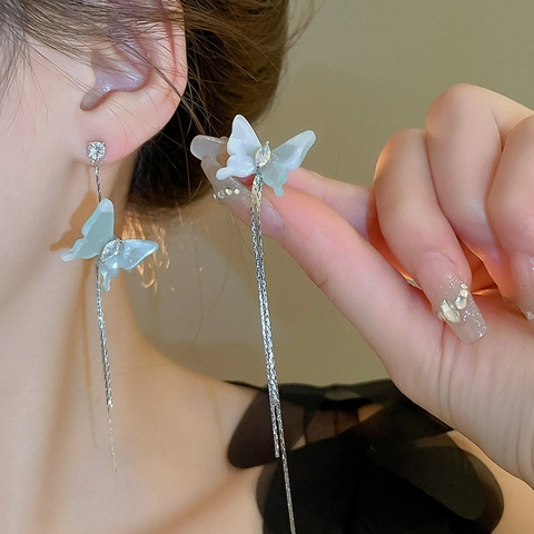 Orecchini Asimmetrici A Farfalla Con Nappine In Resina Zircone Lega E Perno In Argento Stile Elegante Da Donna