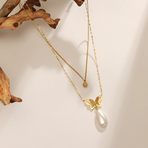 Collar de Doble Capa de Acero Inoxidable Con Colgante de Mariposa y Gota de Nácar Joyería de Moda para Mujer Regalo