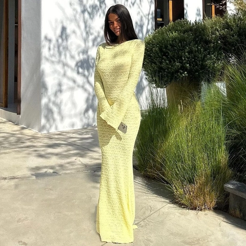 Abito Maxi Maglia Strutturata Schiena Scoperta Fiocco Girocollo Maniche Lunghe Campana Aderente Sirena Elegante Sera Festa