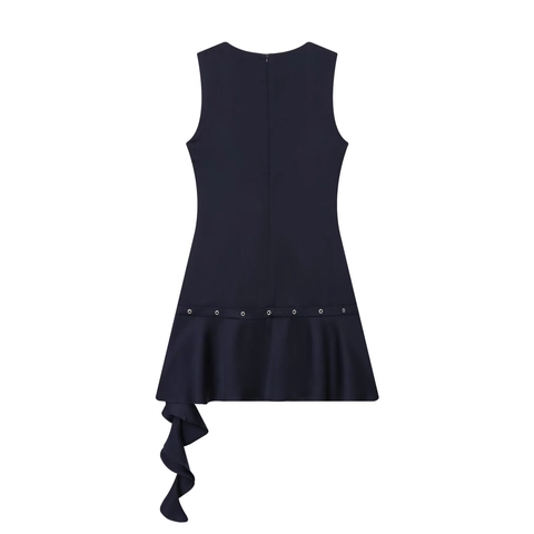 Sleeveless Mini Dress Navy Blue Polyester Asymmetrical Hem Metal Eyelets Ruffle Trim Elegant Party Wear For Women