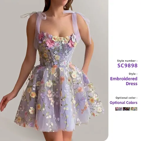 Women Elegant 3D Floral Embroidered Lace Dress Spaghetti Strap Bow Tie A-Line Party Evening Midi Dress For Banquet Wedding