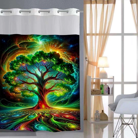 Douchegordijn Levensboom Haakloos Dubbellaags Waterdicht Polyester Surrealistisch Bos Bibliotheek Print Met Afneembare Voering