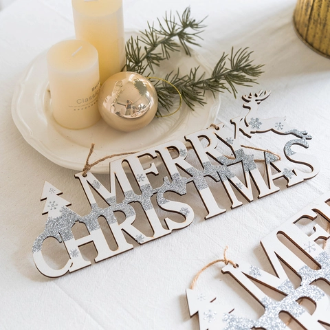 Merry Christmas Wood Hanging Letter Sign Reindeer Gingerbread Man Glitter Ornament For Holiday Home Party Decoration