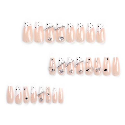 Uñas Postizas Press On Forma Ataúd Larga Rosa Brillante Con Lazo Diamantes De Imitación Patrón Corazón Cadena Para Mujeres