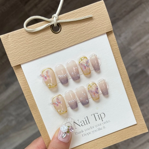 Handmade Press On Nails Butterfly 3D Artificial Pearl Decor Gradient Pink Purple Coffin Ballerina Fake Nail Tips For Women Elegant