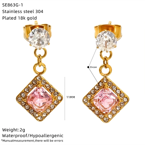 Square Stud Earrings 304 Stainless Steel 18K Gold Plated Zircon Retro Light Luxury Waterproof Hypoallergenic For Women