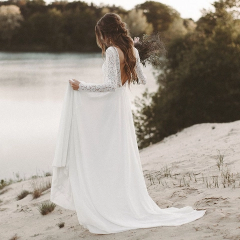 Wedding Dress Long Sleeve Lace Chiffon Deep V Neck Backless A-Line Beach Bridal Gown Bohemian Style For Women