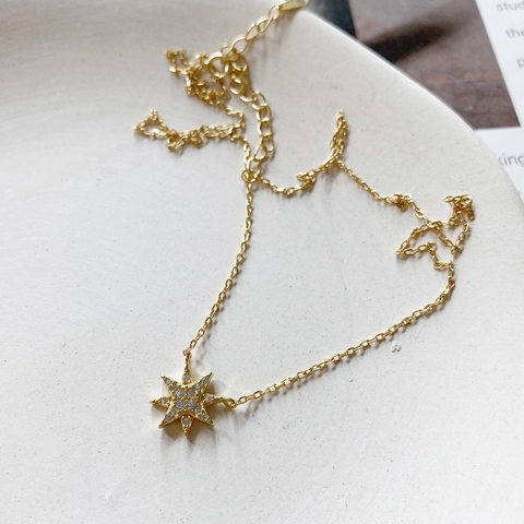 Collana Delicata In Argento Sterling 925 Placcato Oro 18K Ciondolo A Stella Zirconia Trasparente Girocollo Minimalista