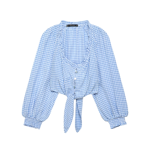 Gingham Crop Top Women V Neck Ruffle Long Puff Sleeve Tie Front Button Up Blouse Sweet Light Blue Casual Polyester
