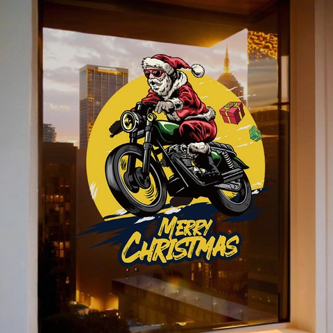 Christmas Static Window Sticker Santa Claus Riding Motorcycle PVC Glue-Free Decal Waterproof Glass Door Showcase Decor
