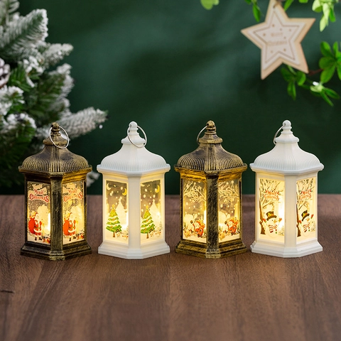 LED Christmas Lantern Portable Retro Hanging Night Light Decorative Desktop Ornament Painted Plastic Warm Light Vintage