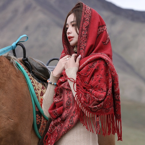 Ethnic Paisley Scarf Shawl Warm Acrylic Imitation Cashmere With Tassels Bohemian Vintage Thickened Outdoor Travel For Women