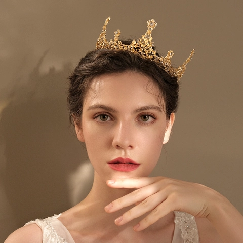 Luxuriöse Retro Brautkrone Tiara Vollrund Goldlegierung Strass Blumen Hochzeit Haarschmuck Damen