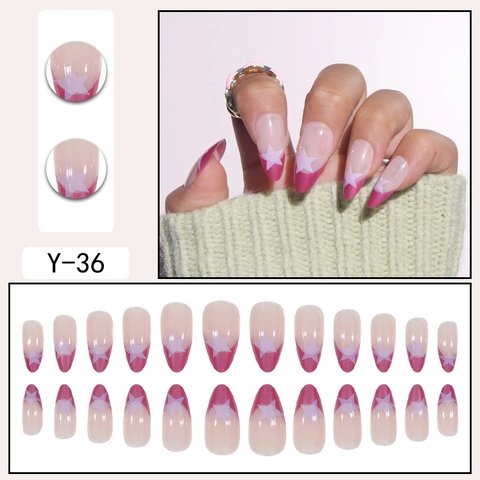 Press On Nails French Tip Stern Muster Lange Mandelform Glänzende Künstliche Falsche Fingernägel Für Frauen