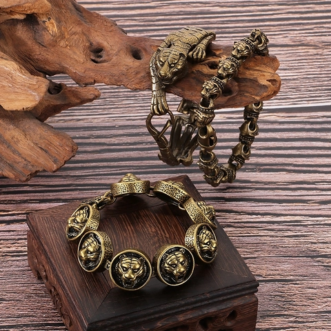 Heren Retro Tijgerkop Armband Vintage Dominante Biker Sieraden 316L Roestvrij Staal Antiek Goud Gegalvaniseerd