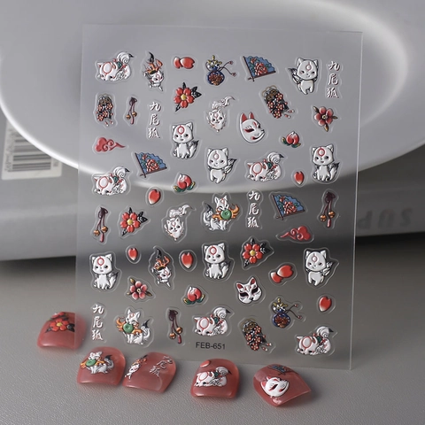 Stickers Nail Art Relief 5D Renard À Neuf Queues Style Japonais Autocollants Stéréoscopiques Imperméables Décalcomanies