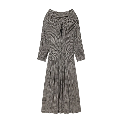 Elegante Maxi Jurk Met Houndstooth Patroon Lange Mouwen V Hals Hoge Taille Geplooid Met Riem Polyester Vintage Stijl