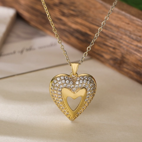 Herz Anhänger Halskette Gold Vergoldetes Kupfer Mit Zirkonia Elegante Mode Schlüsselbeinkette Für Frauen