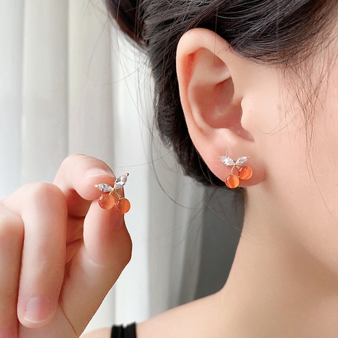 Pendientes de Botón de Cereza con Piedra de Ojo de Gato y Poste de Plata de Ley 925 Cobre Circonia Hoja Joyería de Fruta para Mujer