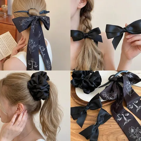 Elegante Fiocco In Raso Nero Fermaglio Per Capelli Retro Nastro Floreale Bastoncino Per Capelli Accessori Per Donne