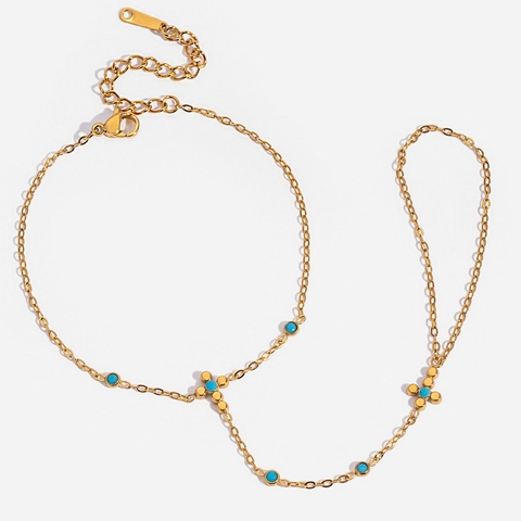 Bracciale Da Dito Con Anello Oro 18K Acciaio Inossidabile Turchese Croce Boho Gioielli Da Vacanza Per Donne