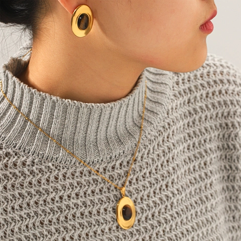 French Vintage Maillard Stainless Steel 18K Gold Plated Oval Tiger Eye Stone Pendant Necklace Earrings For Women Jewelry