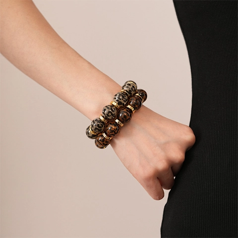 Bracciale Di Perle Con Stampa Leopardata Vintage Acrilico Lega Geometrico Elastico Gioielli Di Moda Per Donna