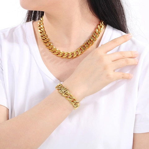 Collar Y Pulsera De Cadena Cubana Hip Hop Cierre De Dragón Acero Inoxidable Joyería De Moda Para Hombres Mujeres